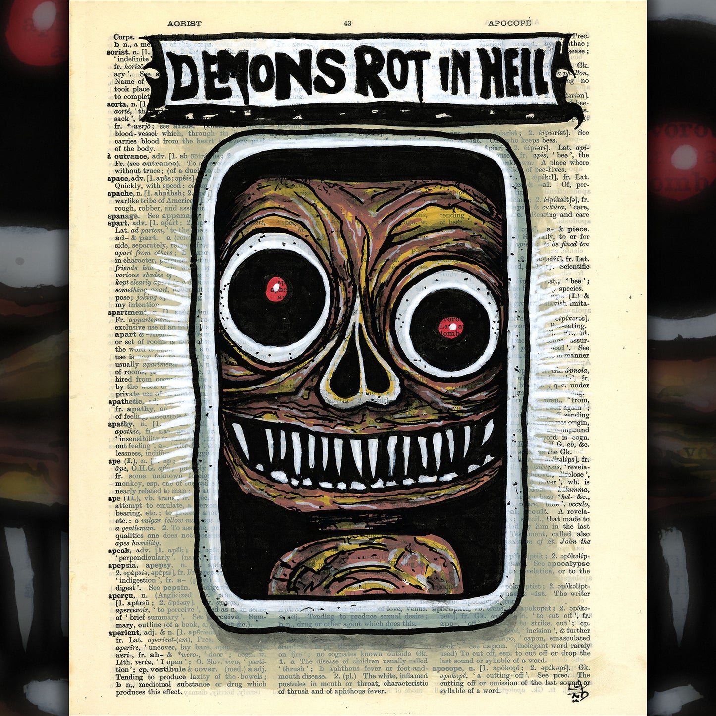 grotesque smiling demon face red eyes vintage collage artwork
