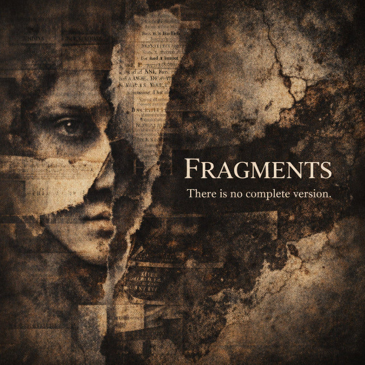 Fragmented human face merged with torn paper, decayed textures and shadowed layers in a dark square banner for the Fragments collection.