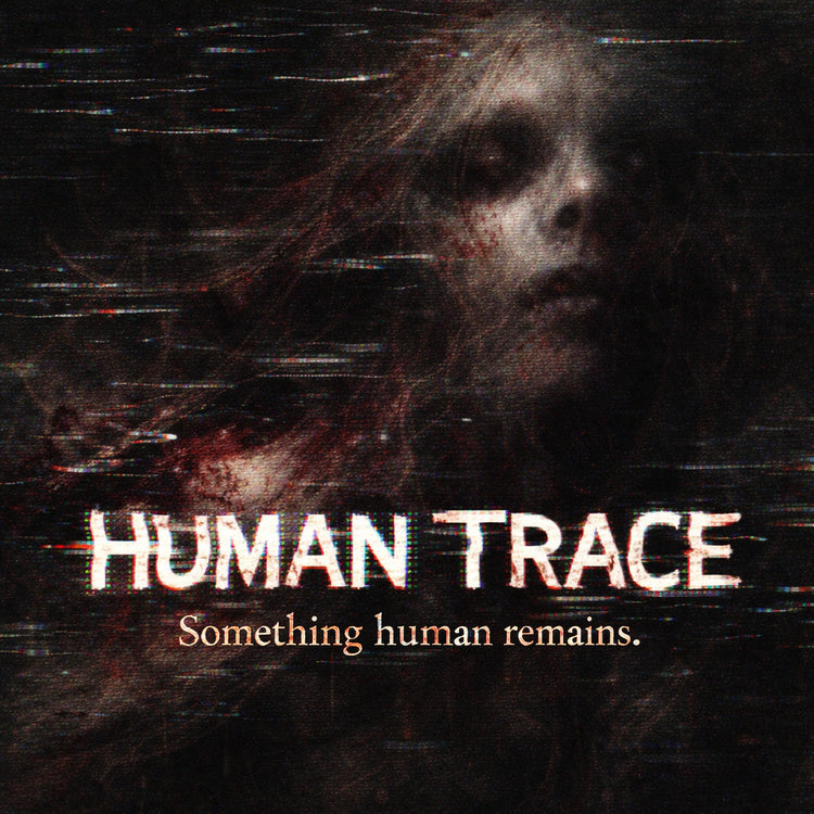 Distorted human presence with shadowed facial form and emotional tension in a dark square banner for the Human Trace collection.