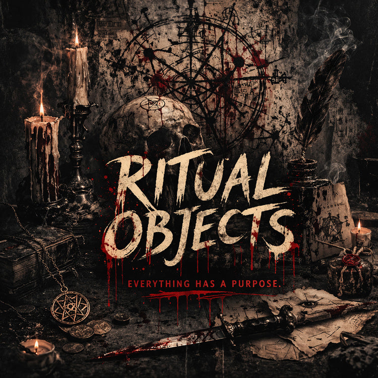 Occult altar with skull, candles, ritual tools, blood marks and sigils in a dark square banner for the Ritual Objects collection.