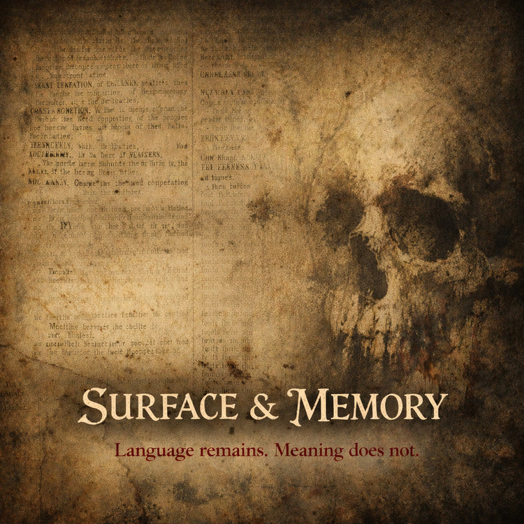 Aged dictionary pages layered with distressed sepia textures and a faint skull trace, created as a square collection banner for Surface & Memory.