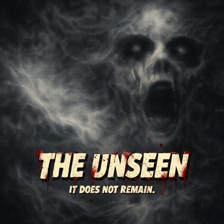 Ghostly horror face emerging from dark mist and smoke with bold vintage B-movie lettering in a square banner for The Unseen collection.