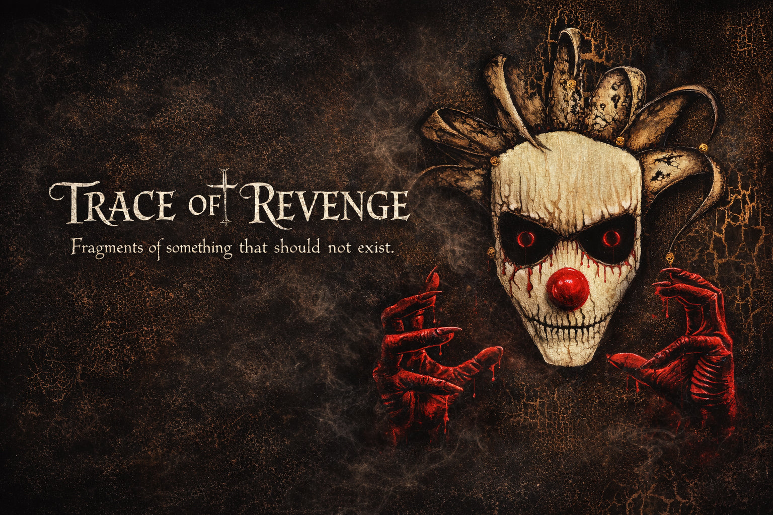 Horror-themed image with a mask and red hands on a dark background, featuring text 'Trace of Revenge'.