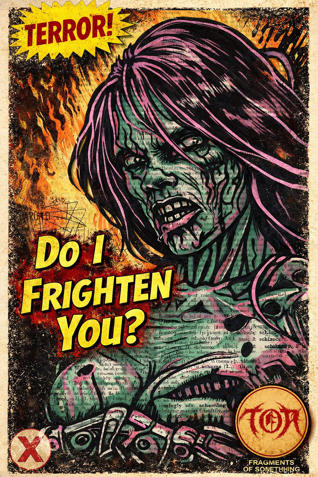 Zombie-like creature with purple hair and text 'Do I Frighten You?' on a vintage horror poster style background.