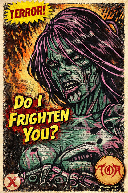 Zombie-like creature with purple hair and text 'Do I Frighten You?' on a vintage horror poster style background.