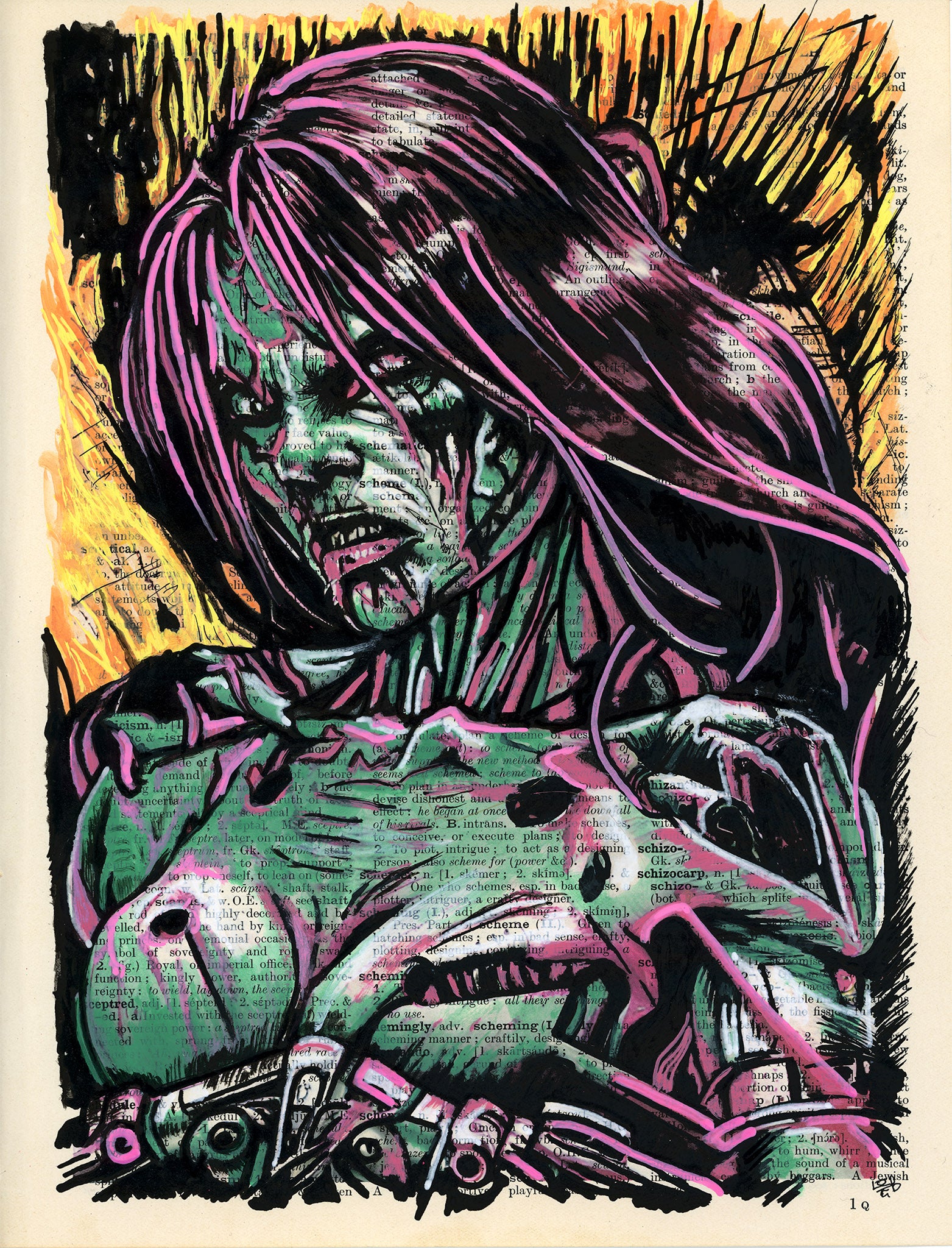 zombie woman artwork on vintage dictionary page horror illustration