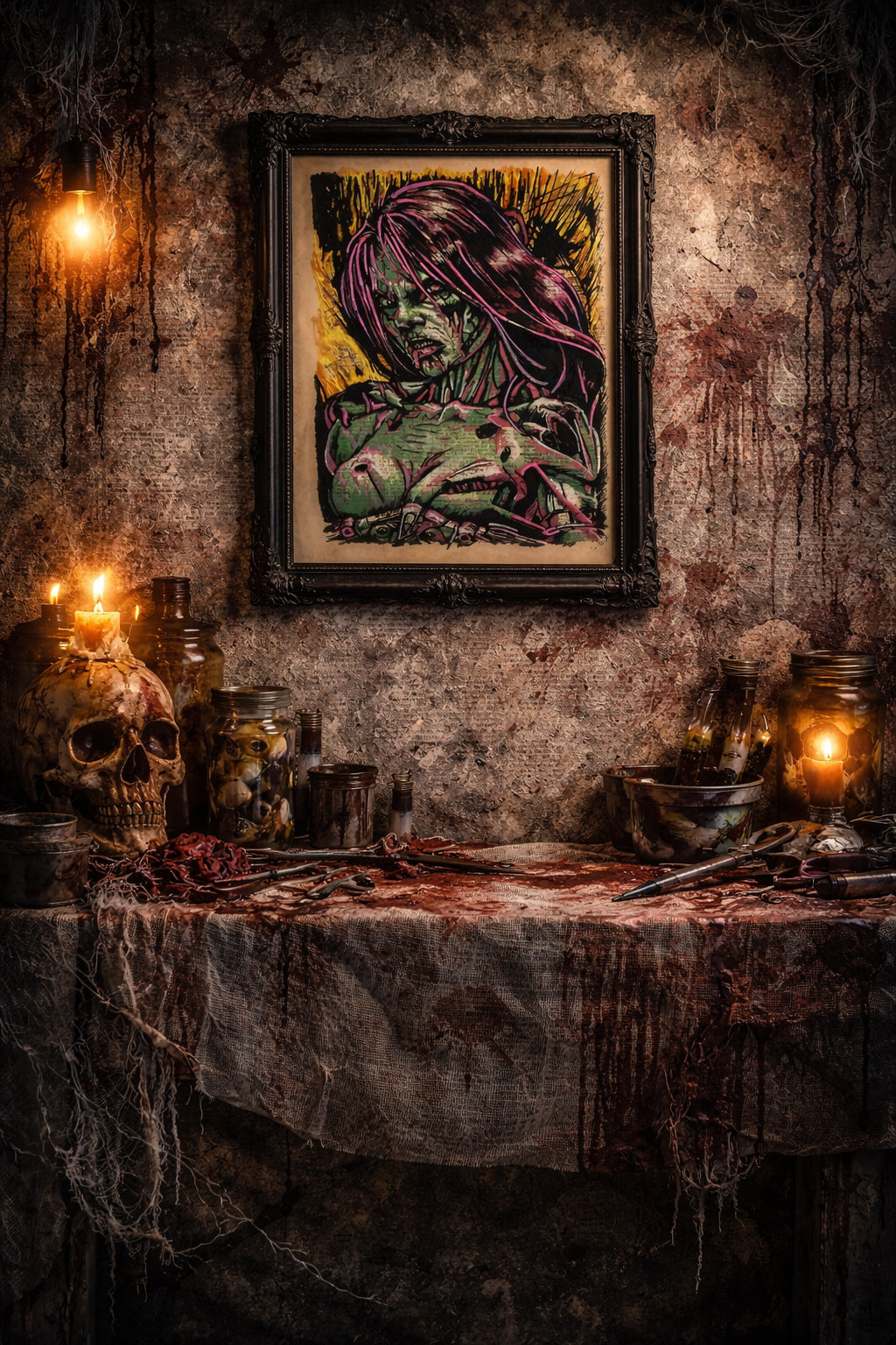 original gothic art zombie portrait on antique book page