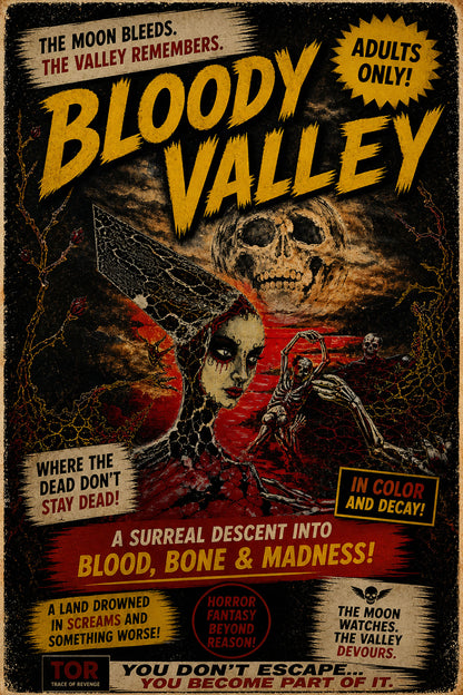 horror fantasy acrylic painting woman skeleton blood valley scene