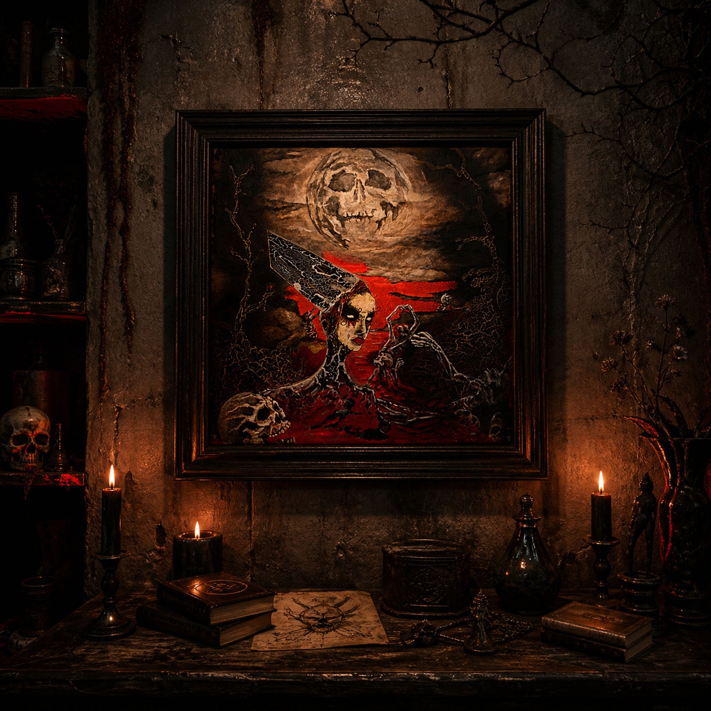 creepy surreal valley painting skeleton figures red water skull
