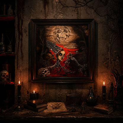 creepy surreal valley painting skeleton figures red water skull