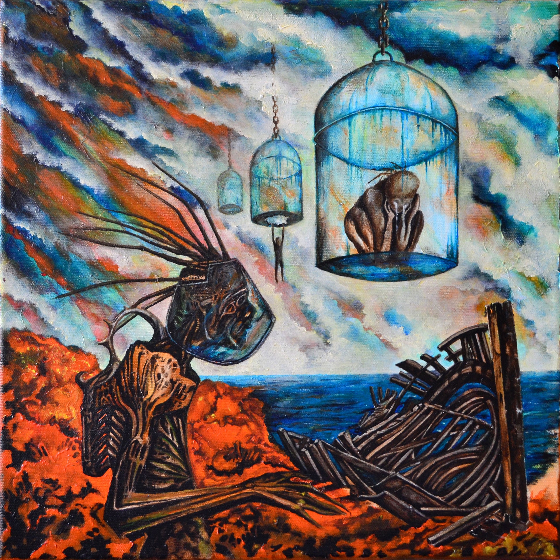 surreal horror painting cage head creature ocean skeleton canvas