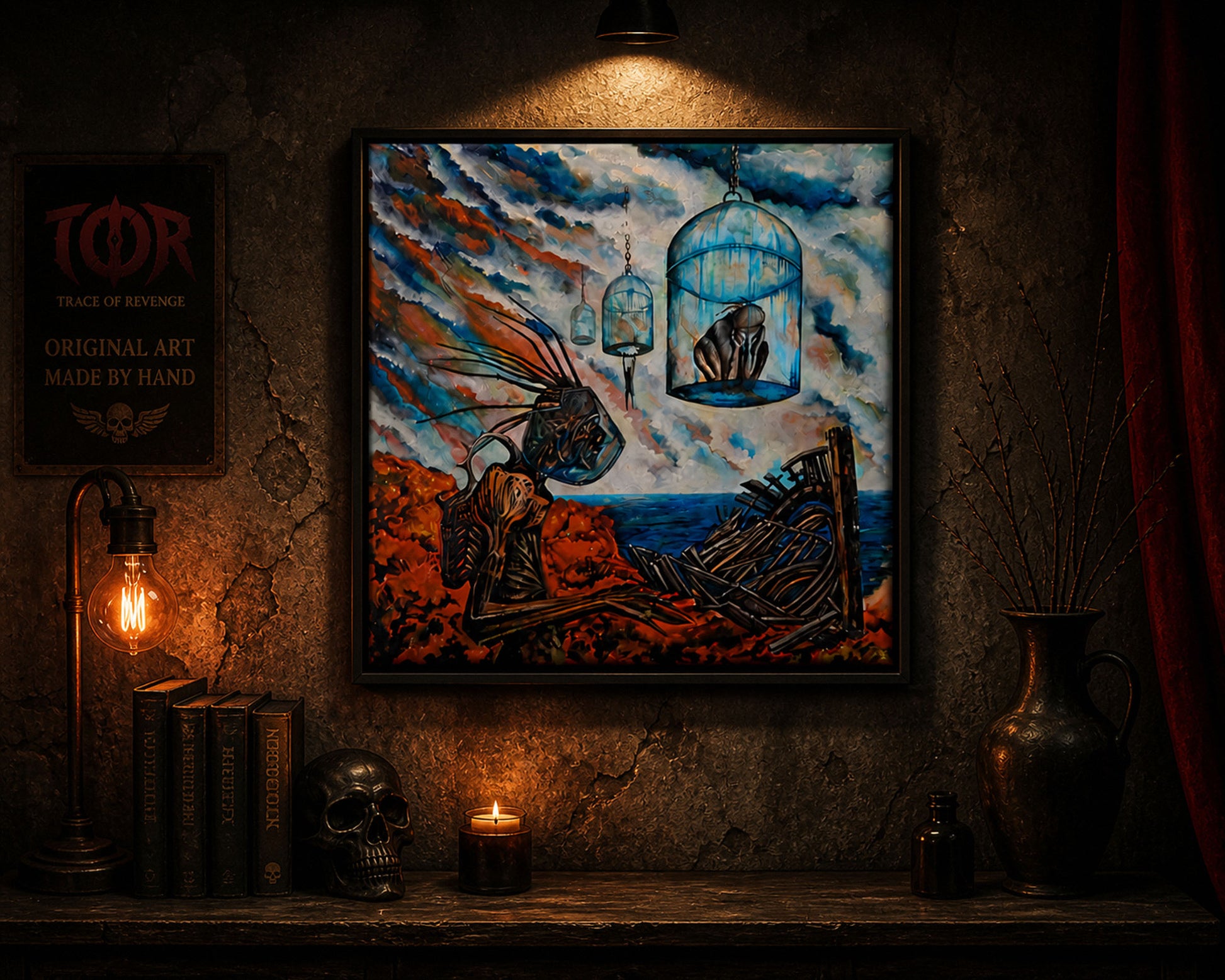fantasy creature painting cage head psychological surreal art
