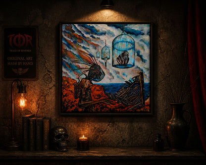 fantasy creature painting cage head psychological surreal art