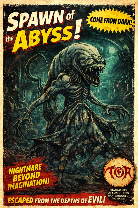 Vintage-style poster of 'Spawn of the Abyss' with a creature and text on a dark background