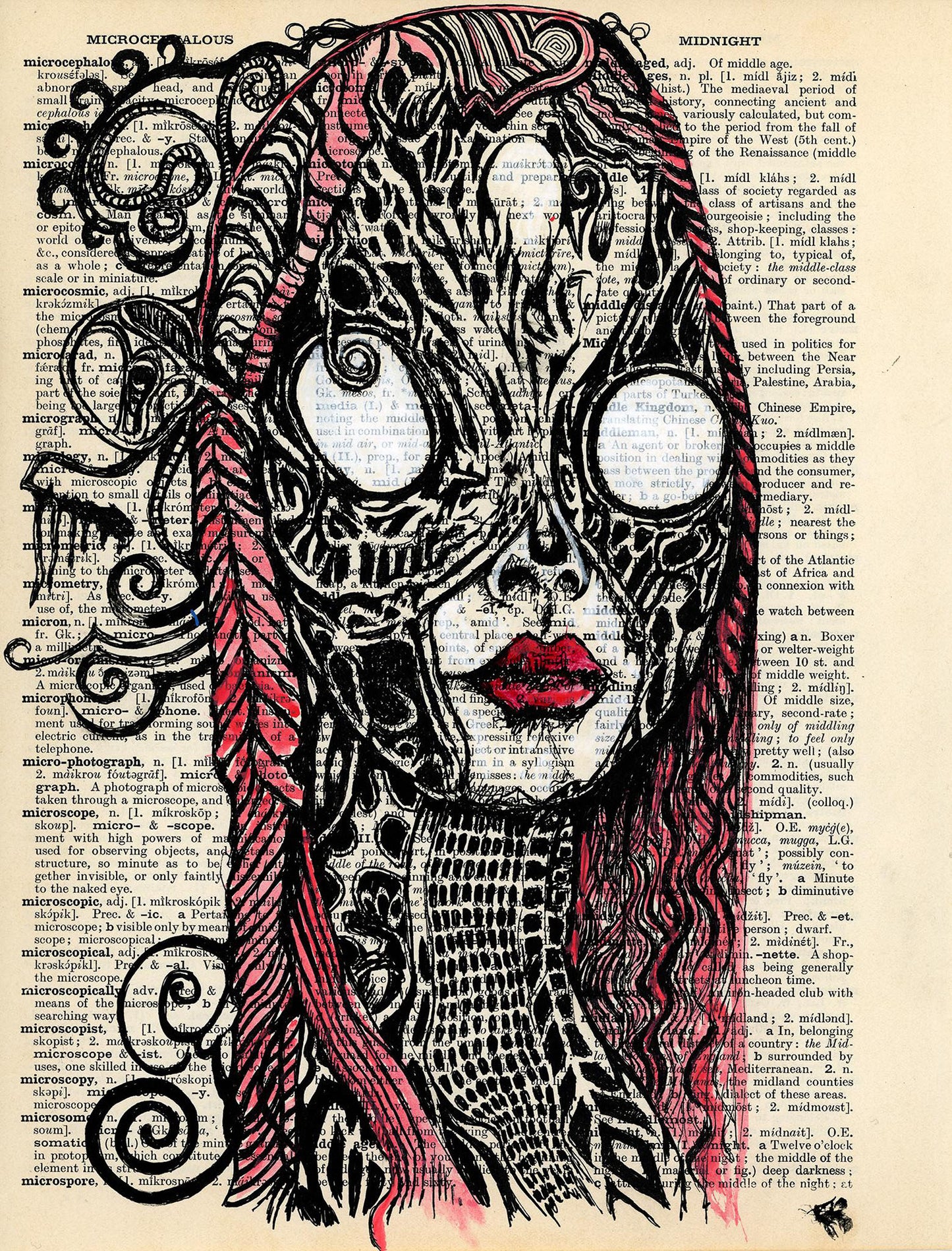 Surreal female horror portrait on vintage dictionary page with white eyes and pink hair