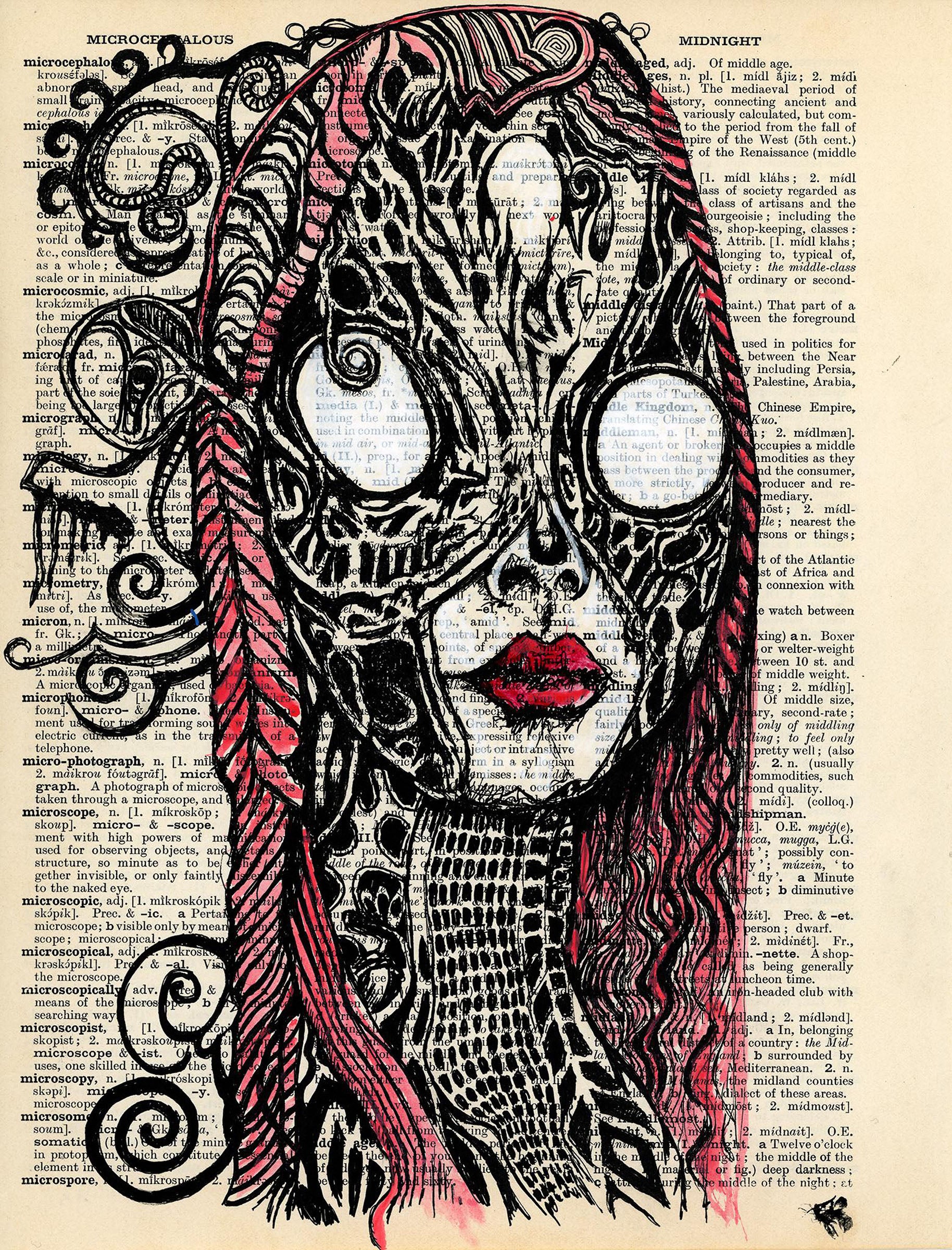 Surreal female horror portrait on vintage dictionary page with white eyes and pink hair