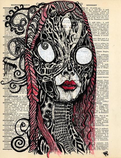 Surreal female horror portrait on vintage dictionary page with white eyes and pink hair