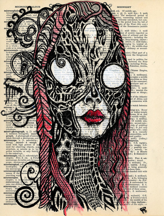 Surreal female horror portrait on vintage dictionary page with white eyes and pink hair