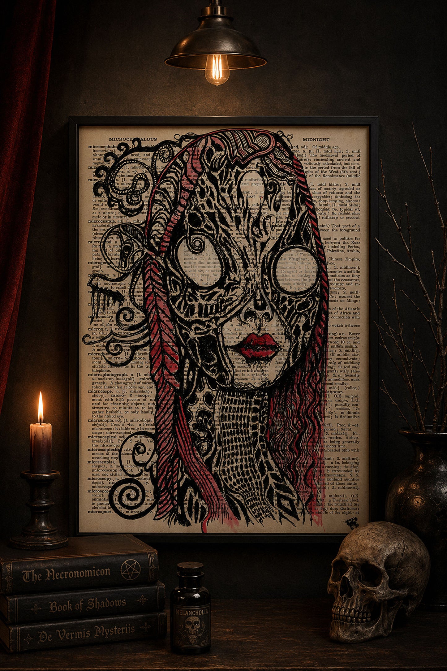 Dark feminine surreal artwork with skeletal textures and glowing white eyes