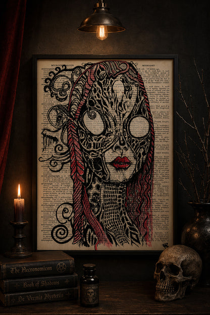 Dark feminine surreal artwork with skeletal textures and glowing white eyes