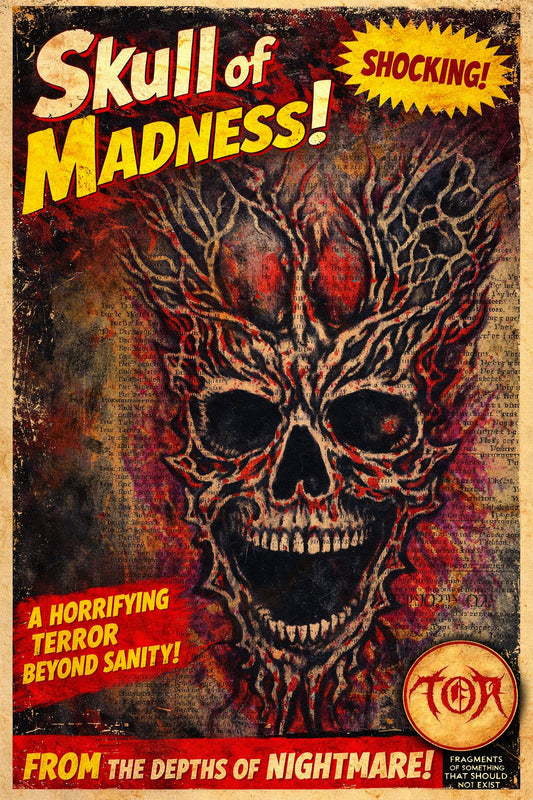 Vintage horror movie poster with a stylized skull and text