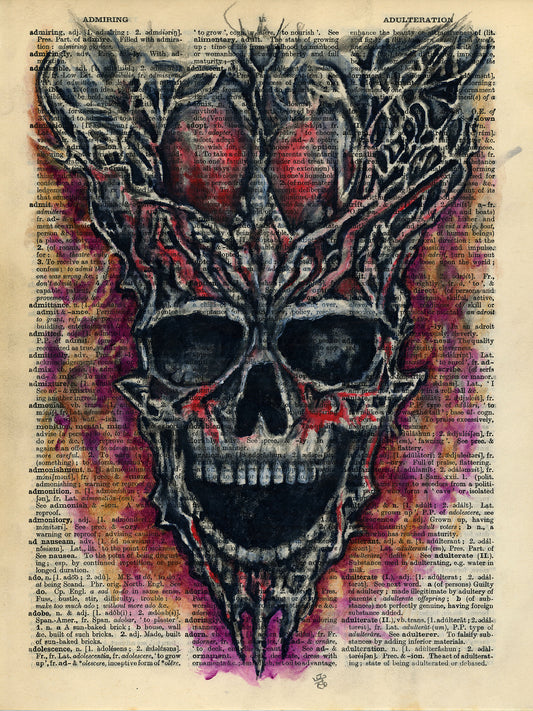 skull drawing on vintage dictionary page horror artwork
