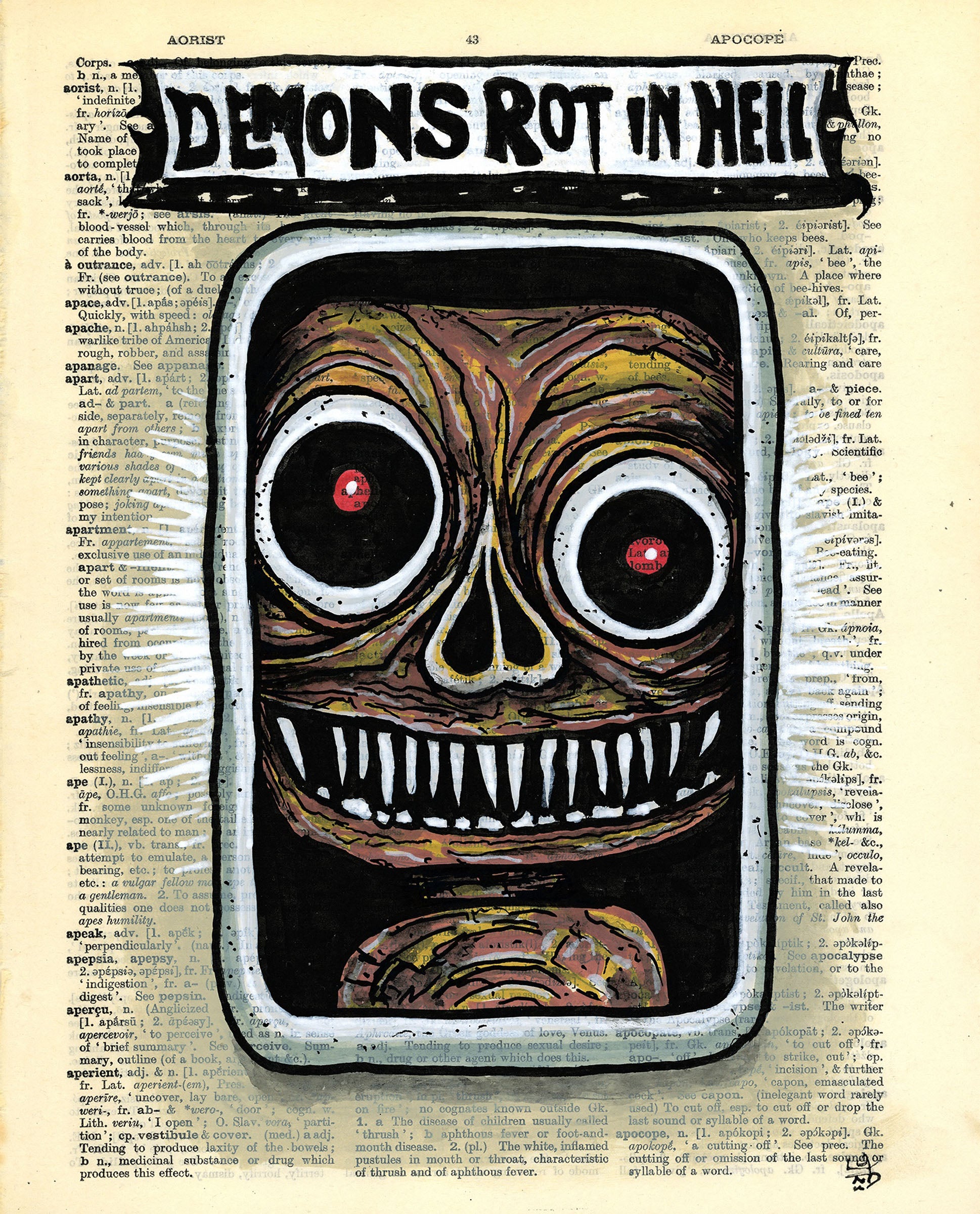 demon face horror art on vintage dictionary page black background