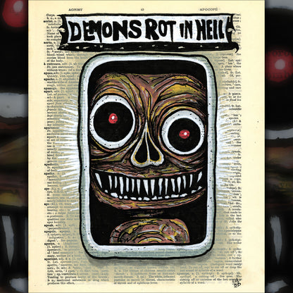 grotesque smiling demon face red eyes vintage collage artwork