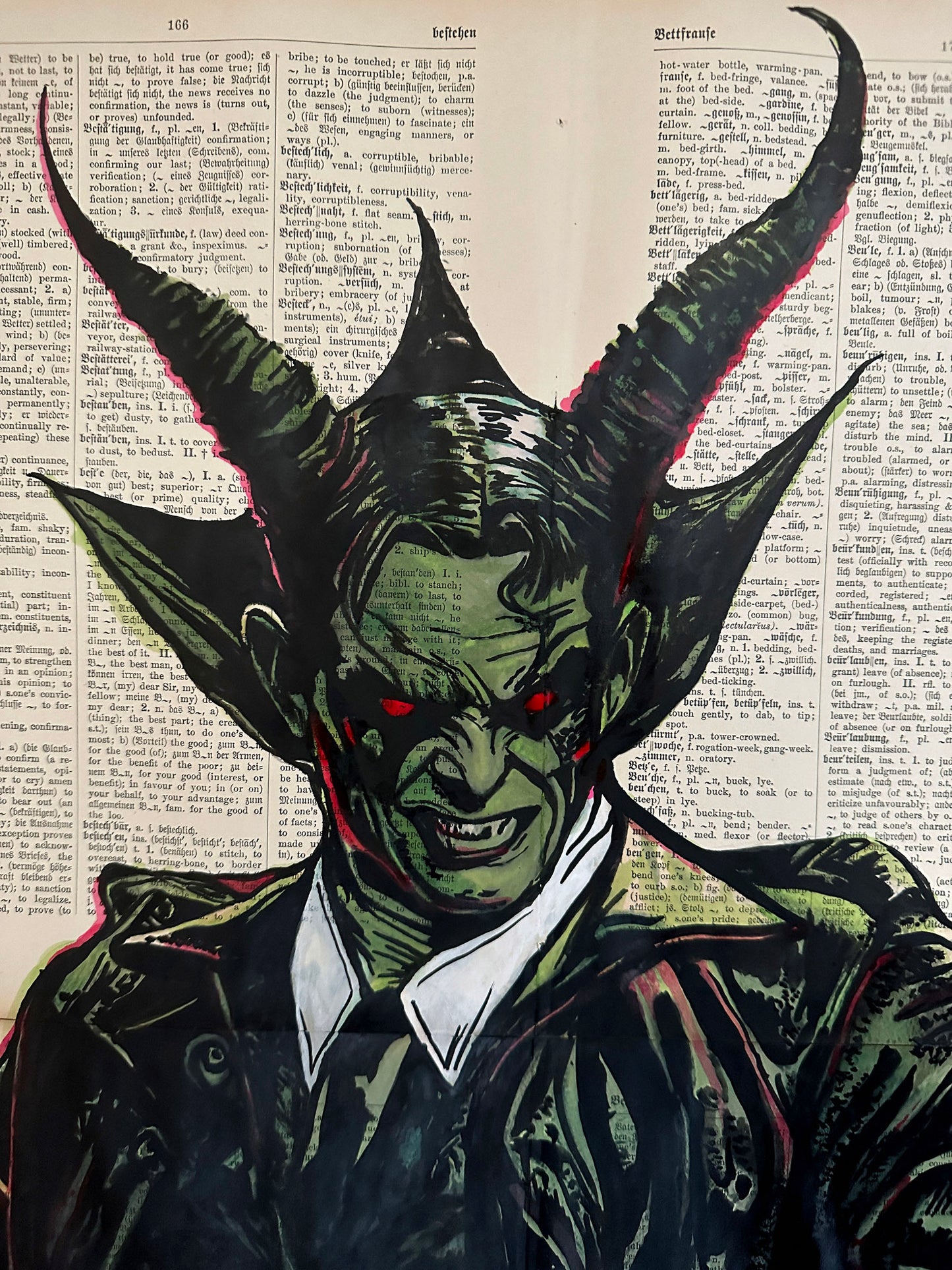 dark demon artwork ink on vintage dictionary page