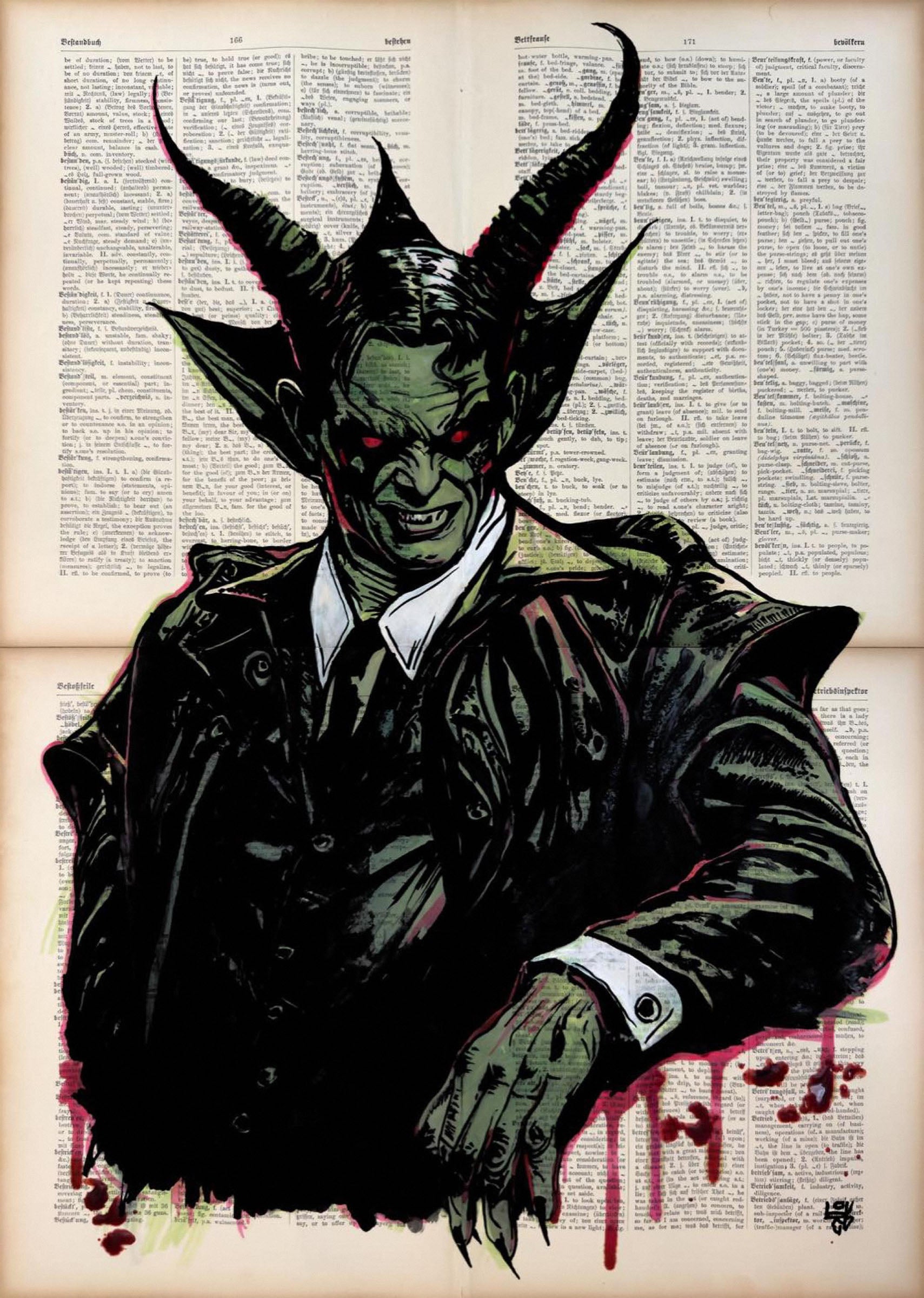 devil figure vintage dictionary art horror ink illustration