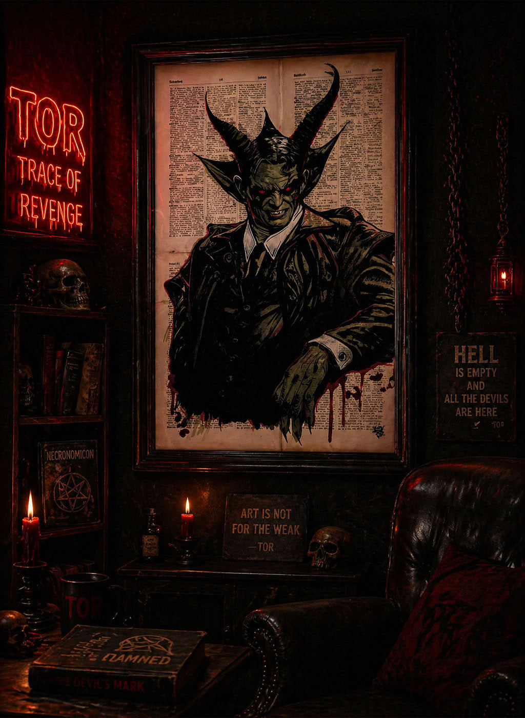 sinister devil figure black ink green red tones vintage paper