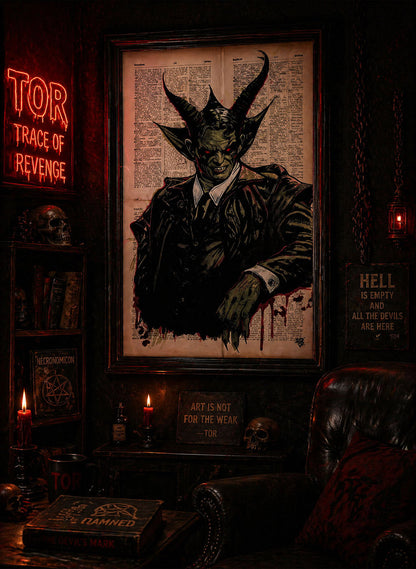 sinister devil figure black ink green red tones vintage paper