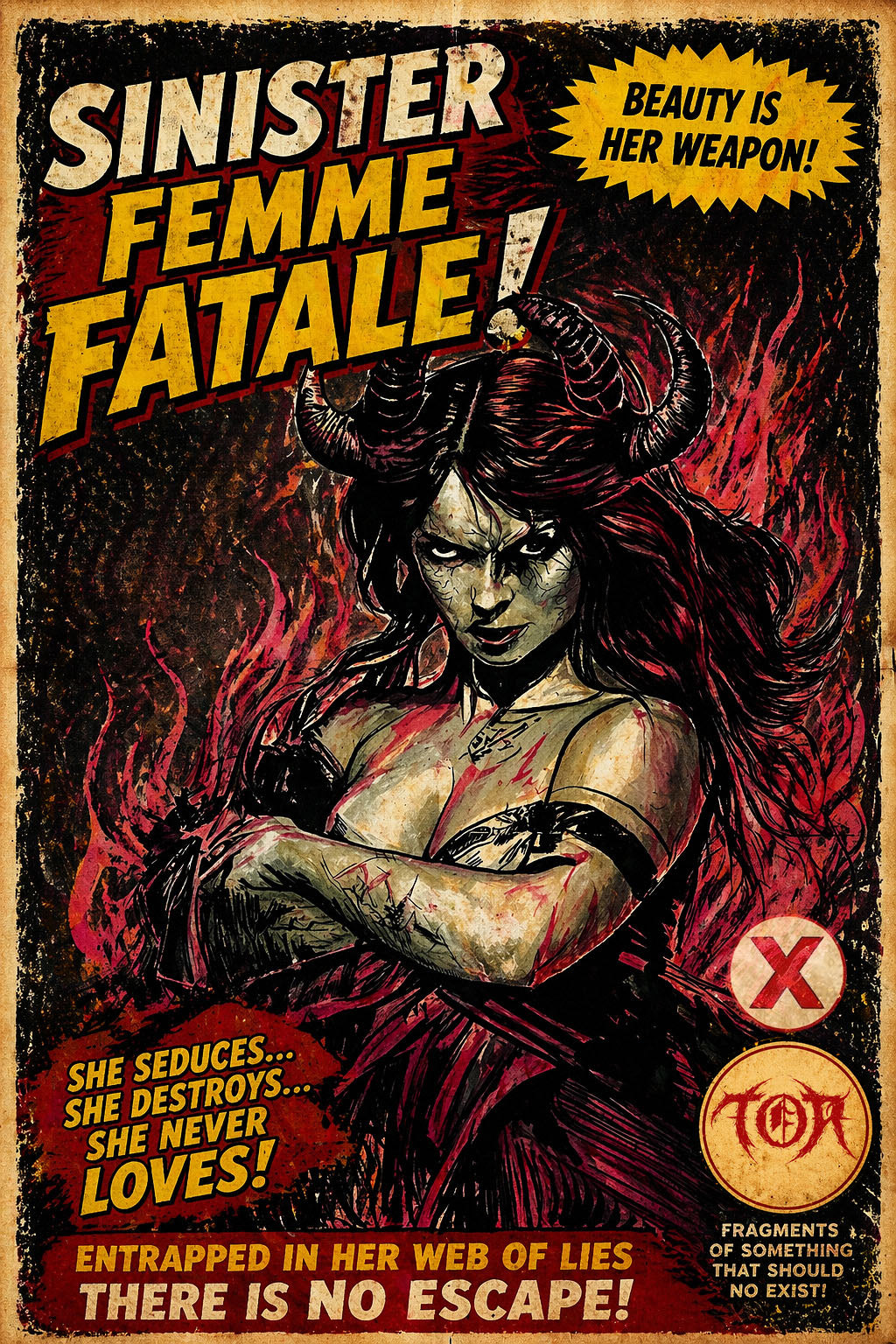 dark femme fatale mixed media artwork on antique book paper with red and black tones