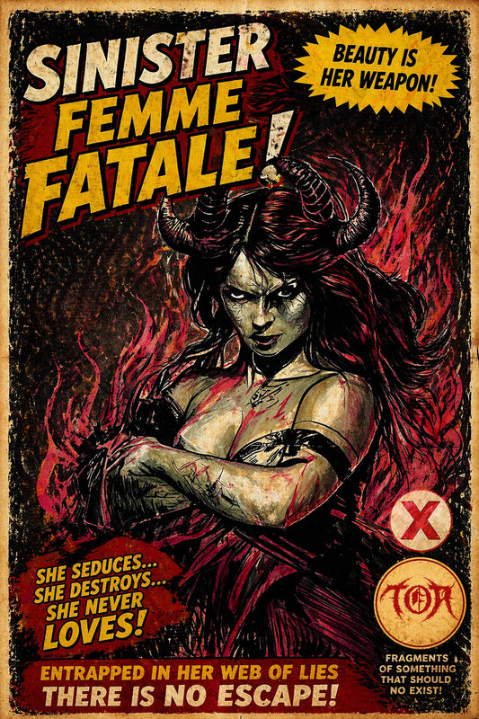 dark femme fatale mixed media artwork on antique book paper with red and black tones