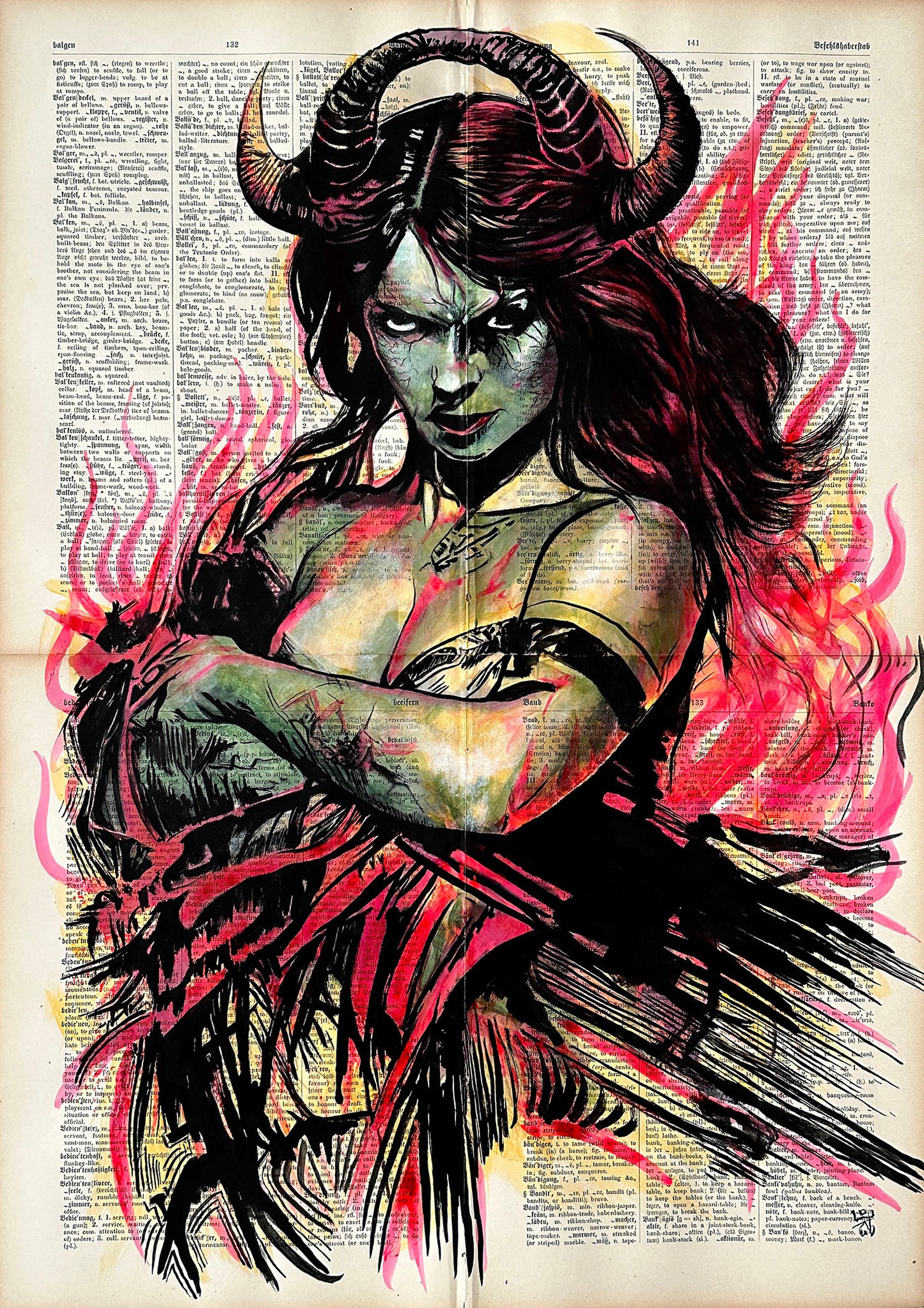 sinister femme fatale gothic woman with horns painted on vintage dictionary page