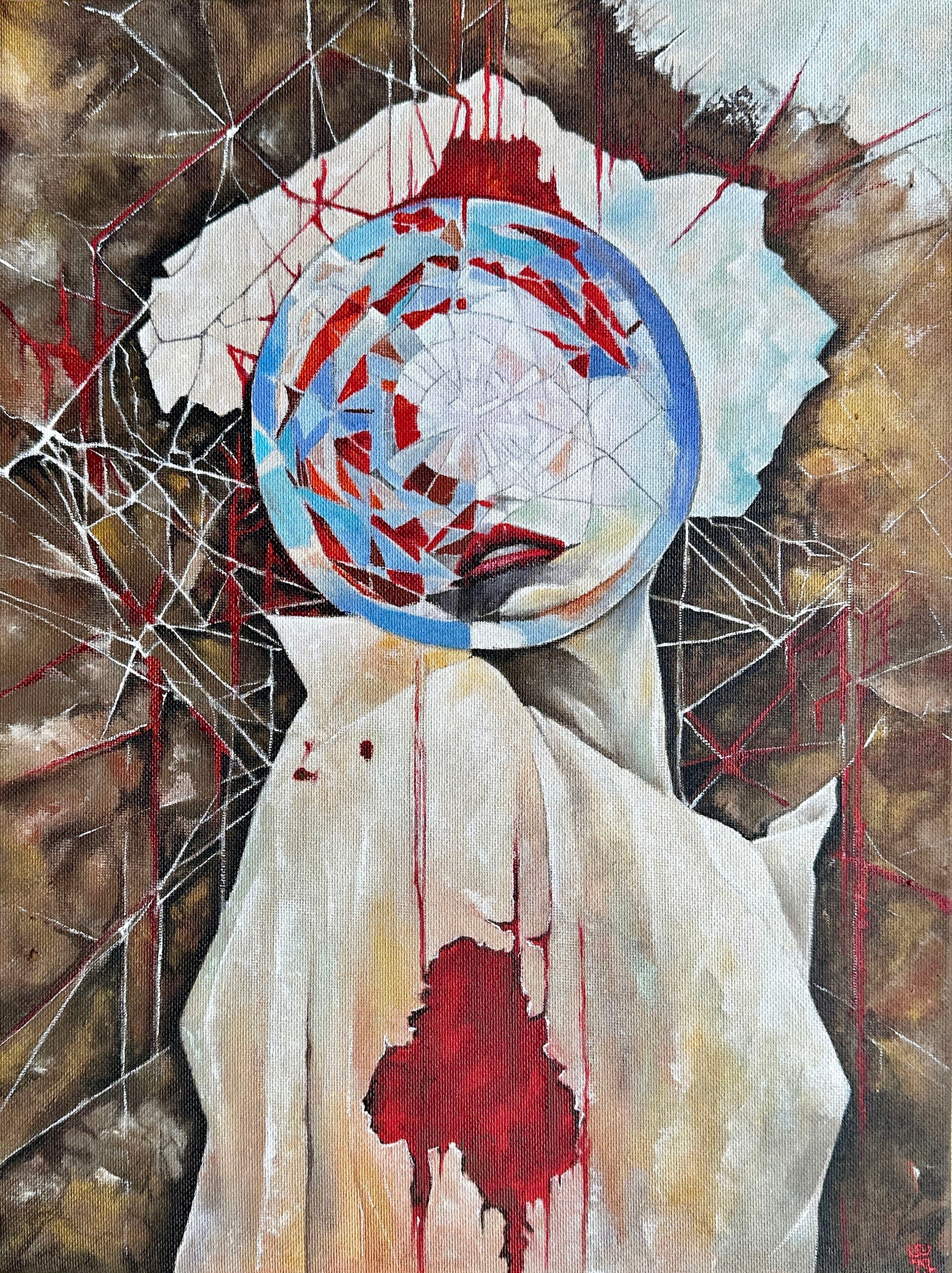 Surreal horror painting of a faceless woman wrapped in white fabric surrounded by cracked glass patterns