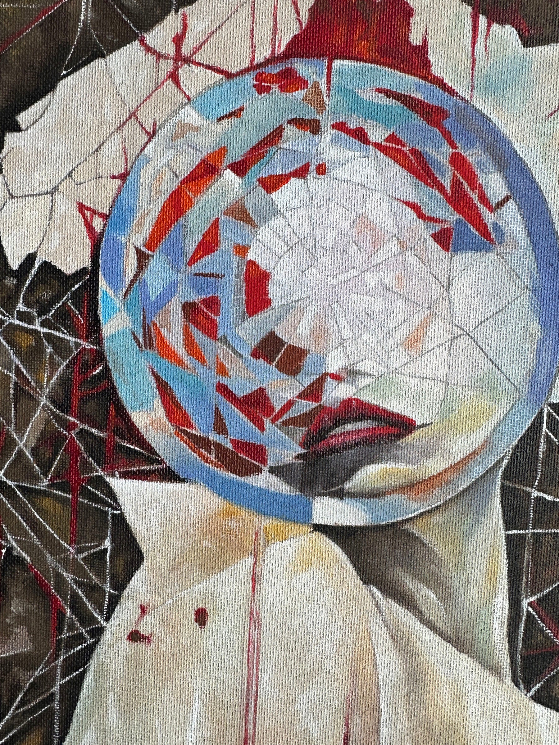Gothic surreal canvas painting with abstract dreamlike symbolism and blood red accents