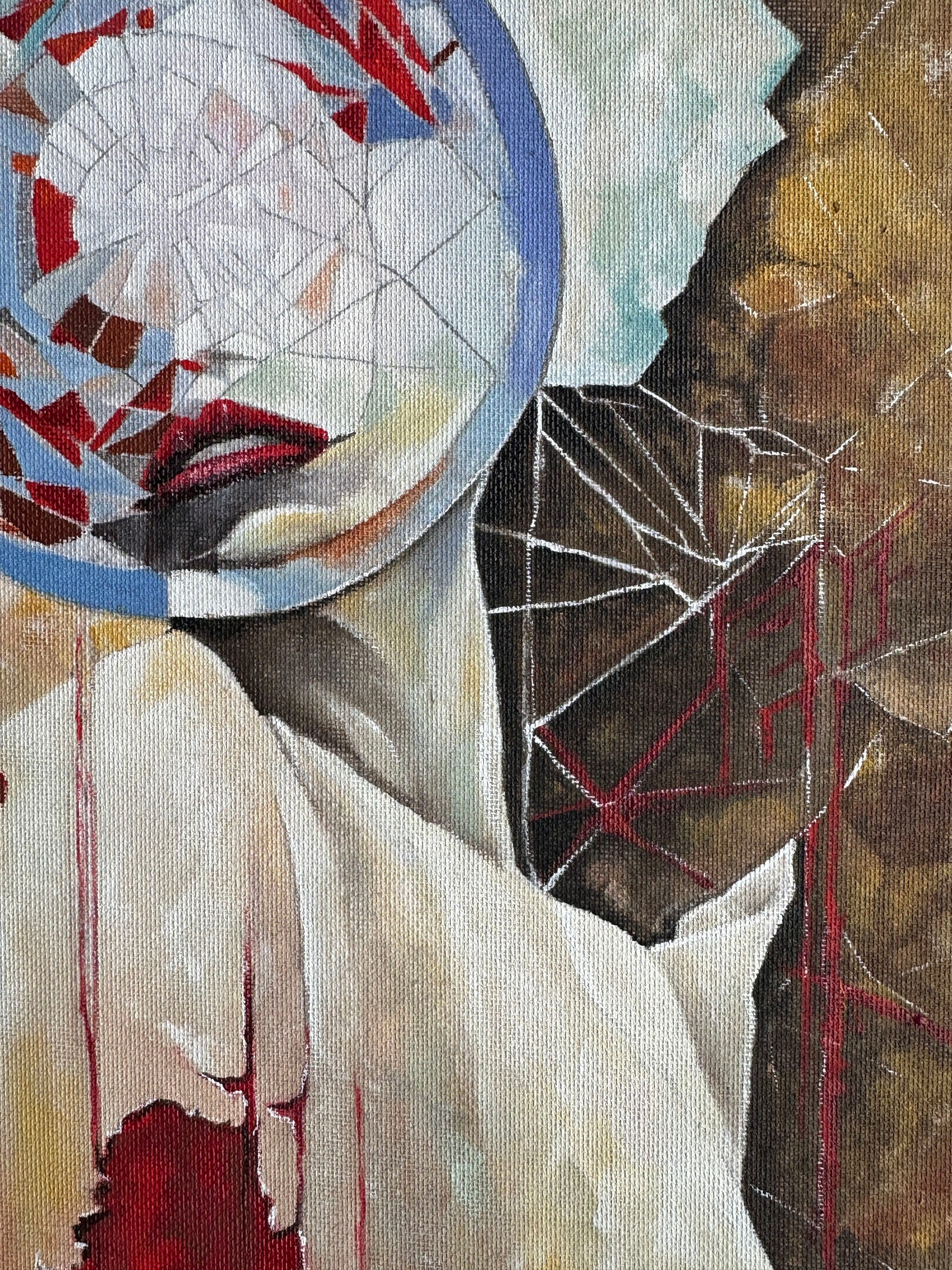 Mixed media horror art featuring a mysterious faceless woman in a fractured environment