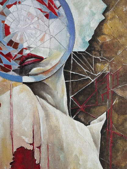 Mixed media horror art featuring a mysterious faceless woman in a fractured environment