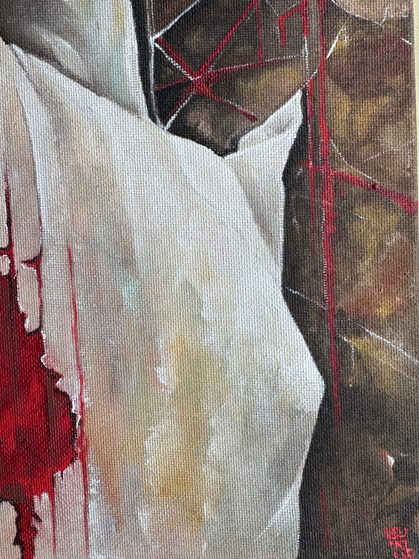 Expressionist surreal painting with white fabric, shattered lines and melancholic atmosphere