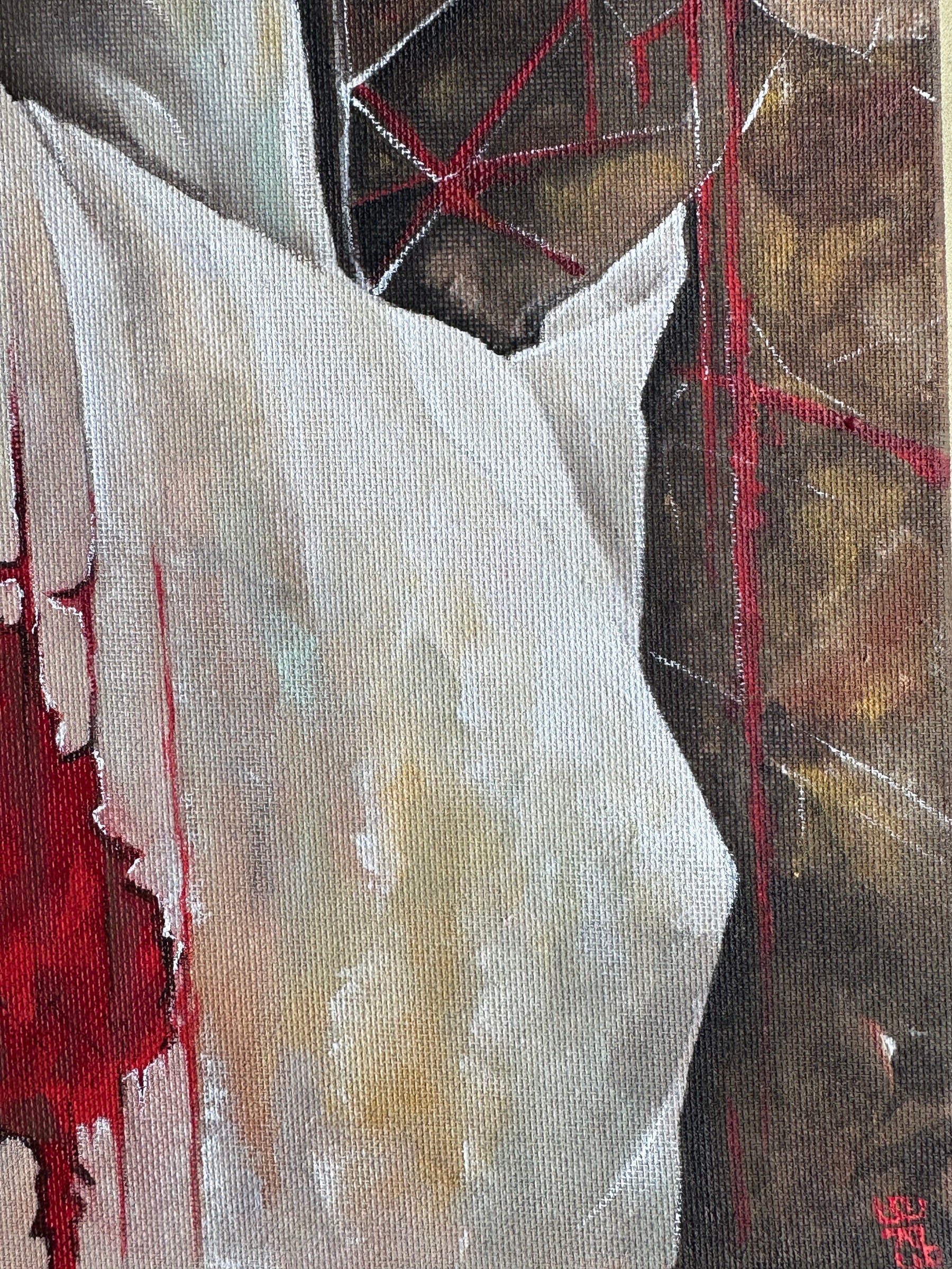 Expressionist surreal painting with white fabric, shattered lines and melancholic atmosphere