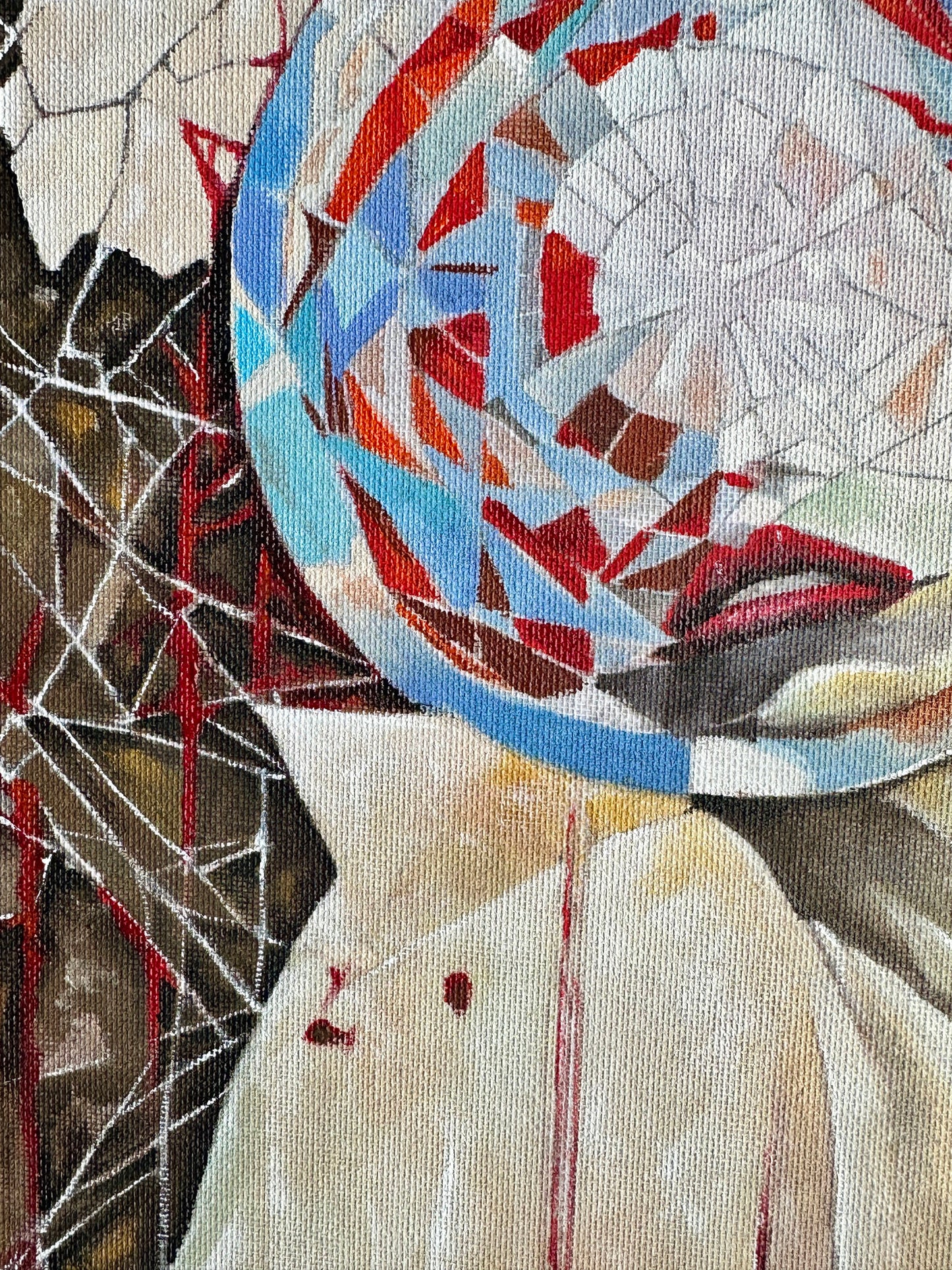 Surreal gothic painting with abstract circular form covering the face of a ghostlike woman