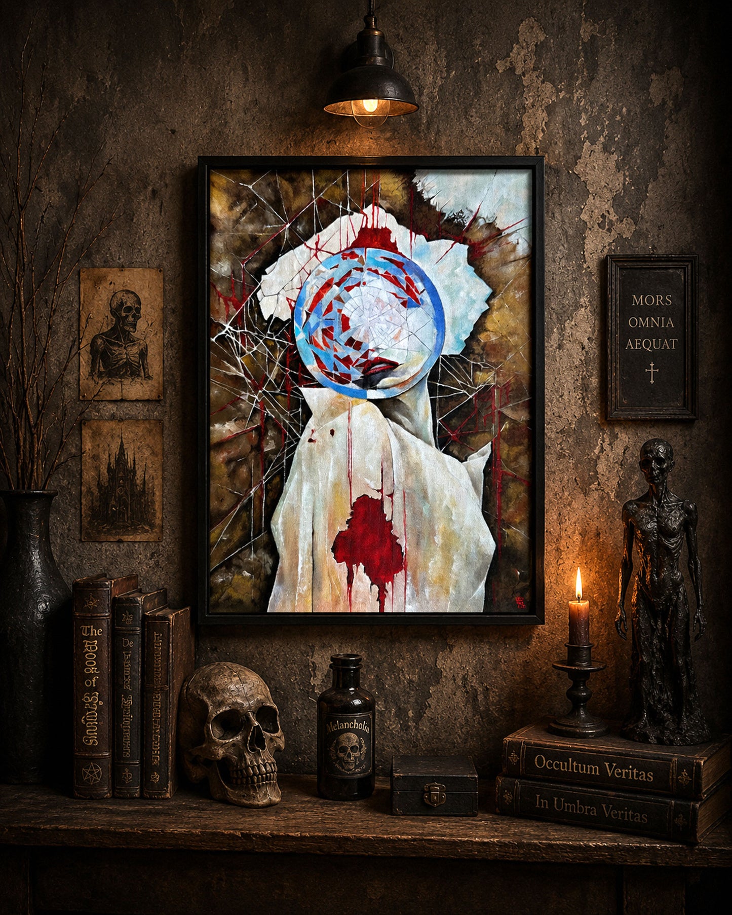 Psychological horror artwork showing a hidden female figure beneath geometric broken glass forms