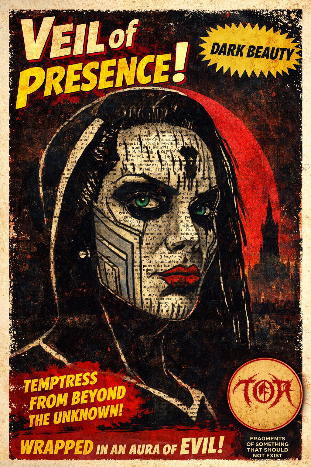 Vintage-style poster with a hooded figure and text about 'Veil of Presence' and 'Dark Beauty'.