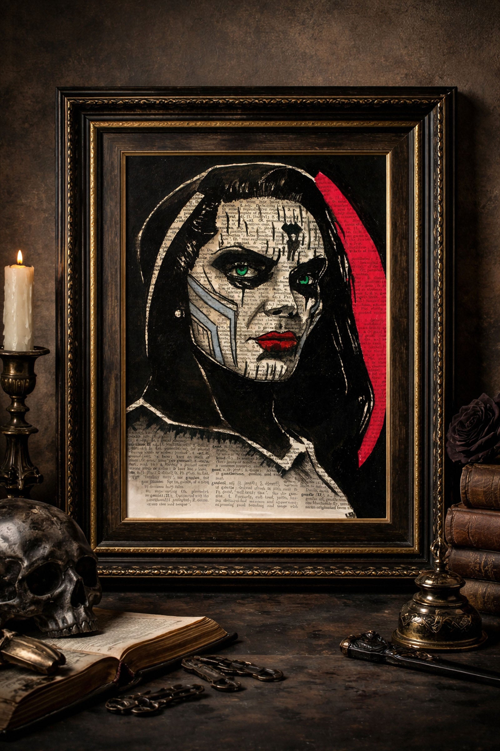 gothic portrait painting on vintage paper mixed media artwork