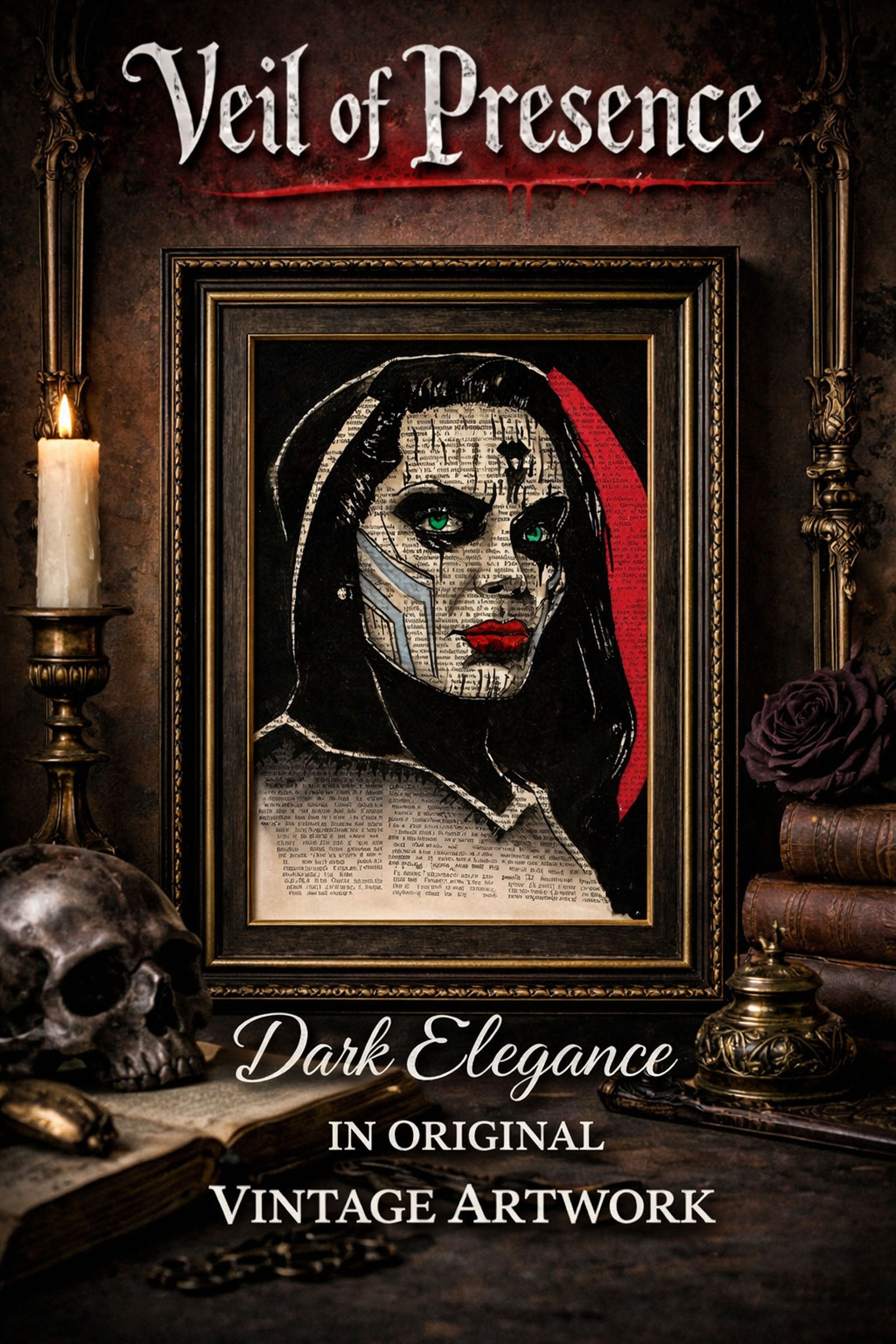 dark woman face art with green eyes on antique book page