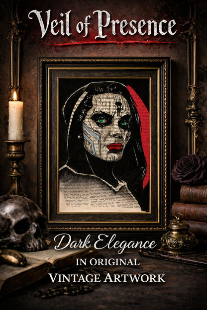 dark woman face art with green eyes on antique book page