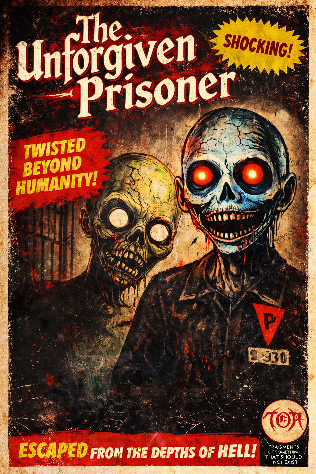 Vintage horror movie poster titled 'The Unforgiven Prisoner' with two skeletal figures.