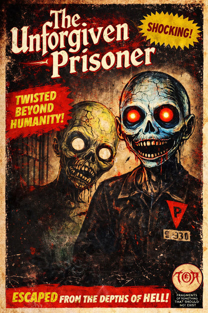 Vintage horror movie poster titled 'The Unforgiven Prisoner' with two skeletal figures.