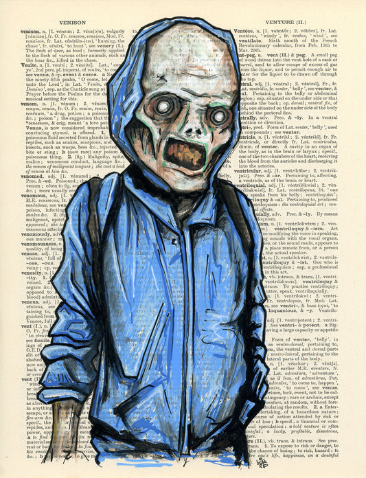 zombie figure in blue hoodie on vintage dictionary page artwork